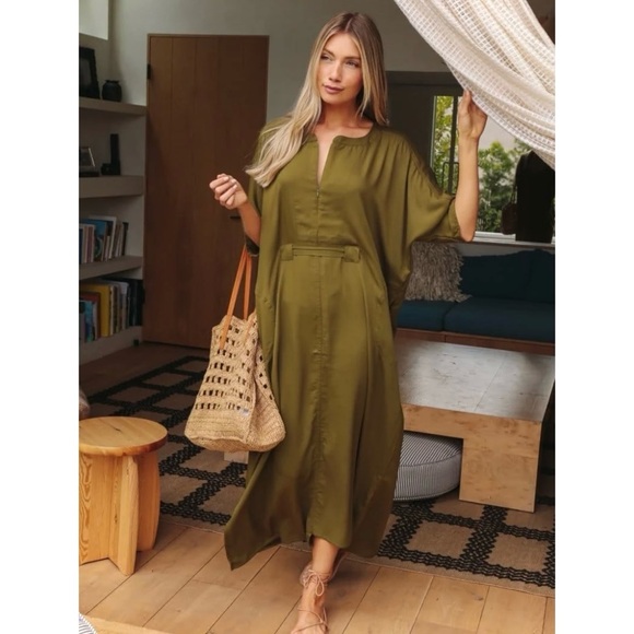 ODDBIRD | S | Olive Ruya Reya Tunic Flowy Short Sleeve Zip Neck Tie Dress - Picture 4 of 15